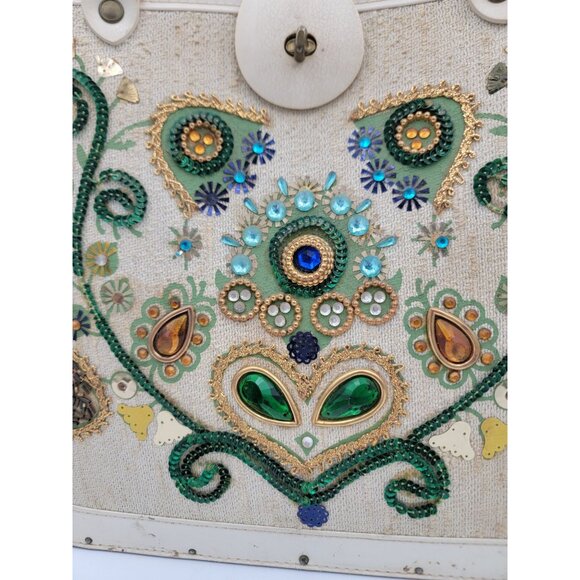 1960s Tote Bag Colins Jeweled Floral Beaded Design Button Closure Wood Bottom - Picture 3 of 16